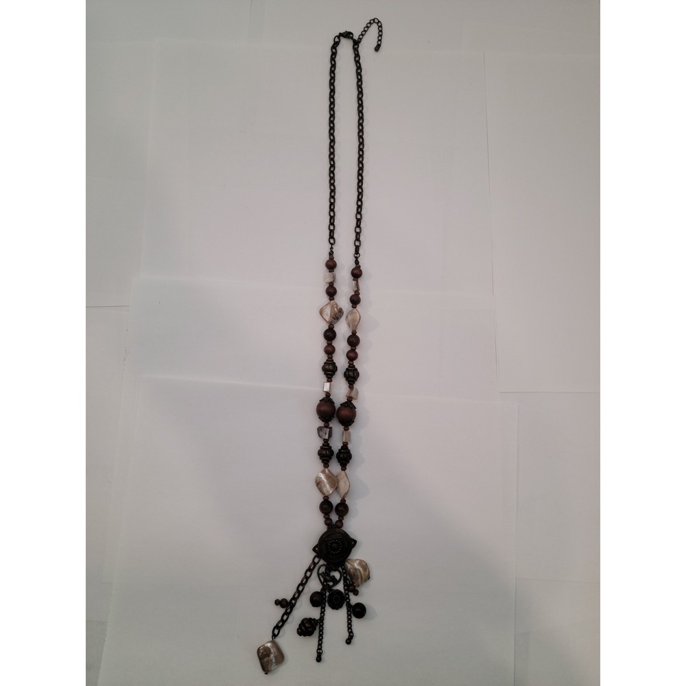 Vintage Boho Tassel‎ Necklace Women Wood Shell Brass Medallion Long Chain